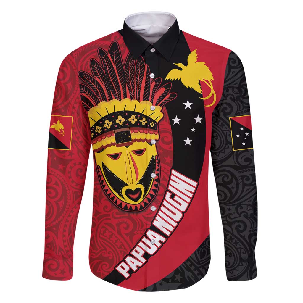 Papua New Guinea Mask Festival Family Matching Summer Maxi Dress and Hawaiian Shirt Papua Niugini Tribe Mask Melanesian Pattern LT03 Dad's Shirt - Long Sleeve Red - Polynesian Pride