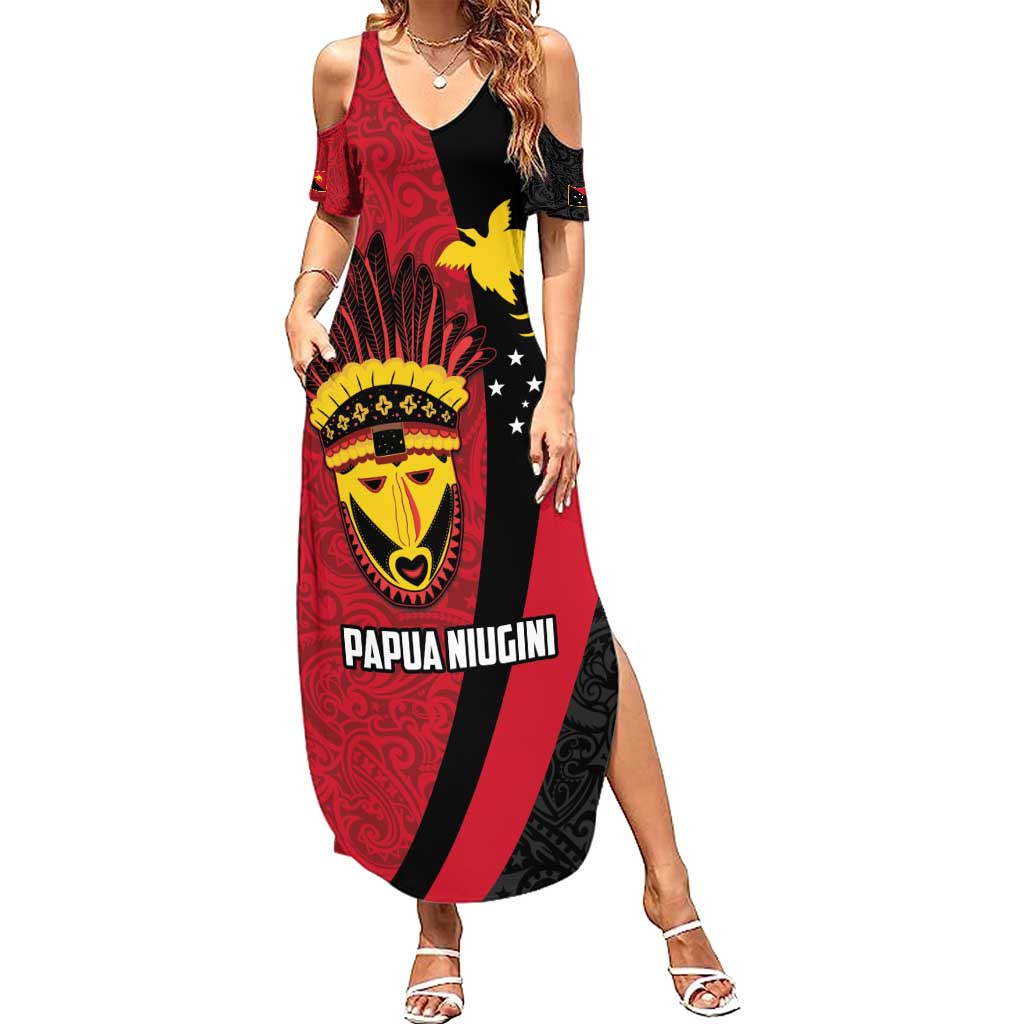 Papua New Guinea Mask Festival Family Matching Summer Maxi Dress and Hawaiian Shirt Papua Niugini Tribe Mask Melanesian Pattern LT03 Mom's Dress Red - Polynesian Pride