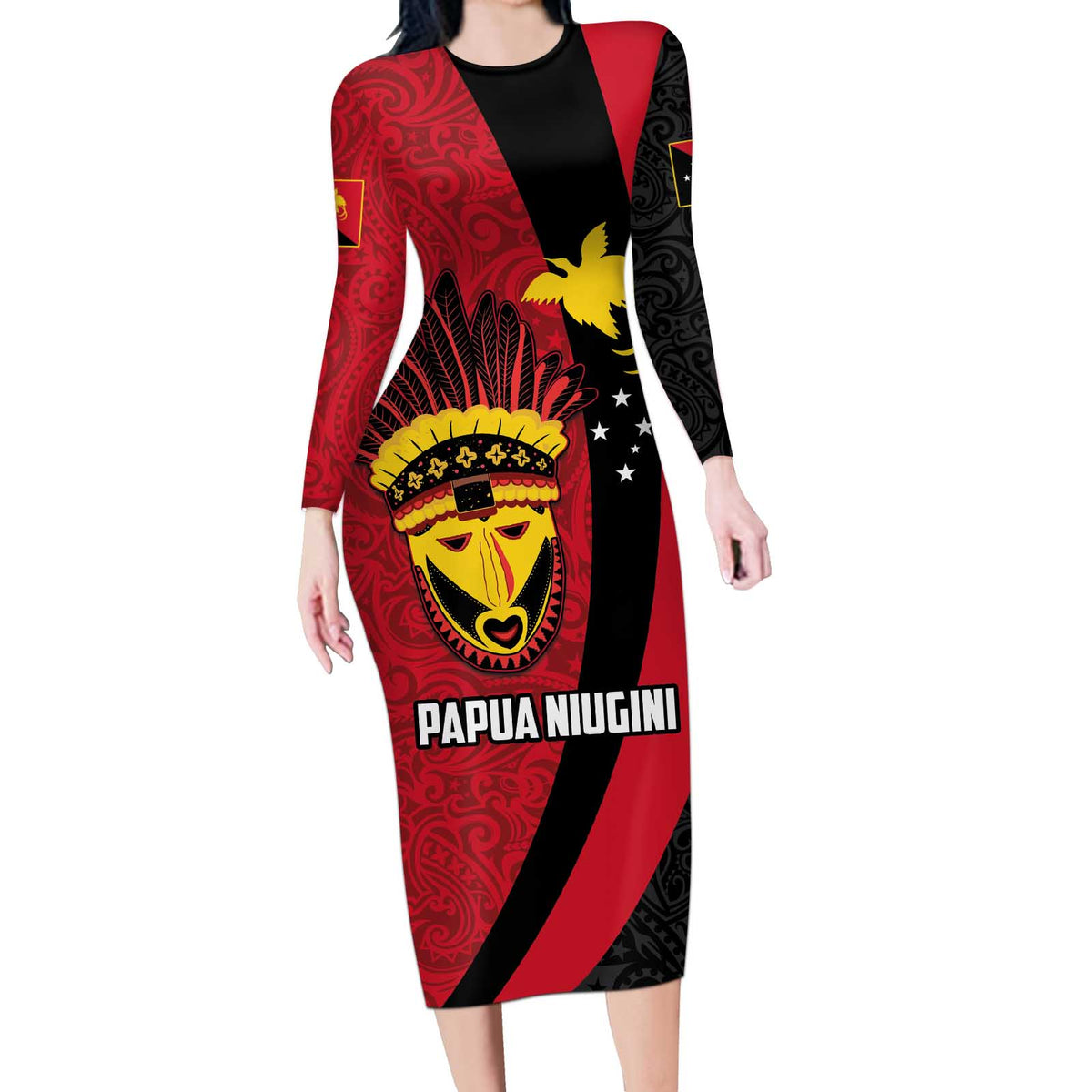 Papua New Guinea Mask Festival Long Sleeve Bodycon Dress Papua Niugini Tribe Mask Melanesian Pattern LT03 Long Dress Red - Polynesian Pride