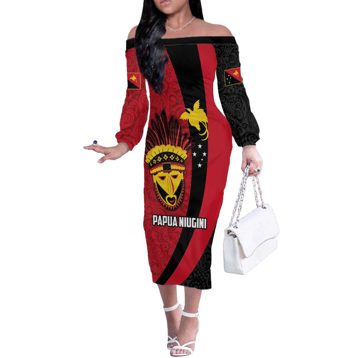 Papua New Guinea Mask Festival Off The Shoulder Long Sleeve Dress Papua Niugini Tribe Mask Melanesian Pattern LT03 Women Red - Polynesian Pride