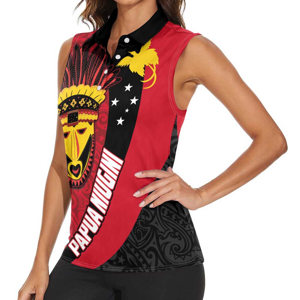 Papua New Guinea Mask Festival Women Sleeveless Polo Shirt Papua Niugini Tribe Mask Melanesian Pattern