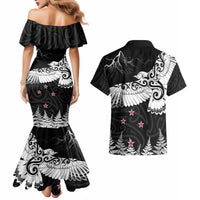 New Zealand Kea Bird Couples Matching Mermaid Dress and Hawaiian Shirt Maori Tattoo and Silver Fern Black Color LT03 - Polynesian Pride