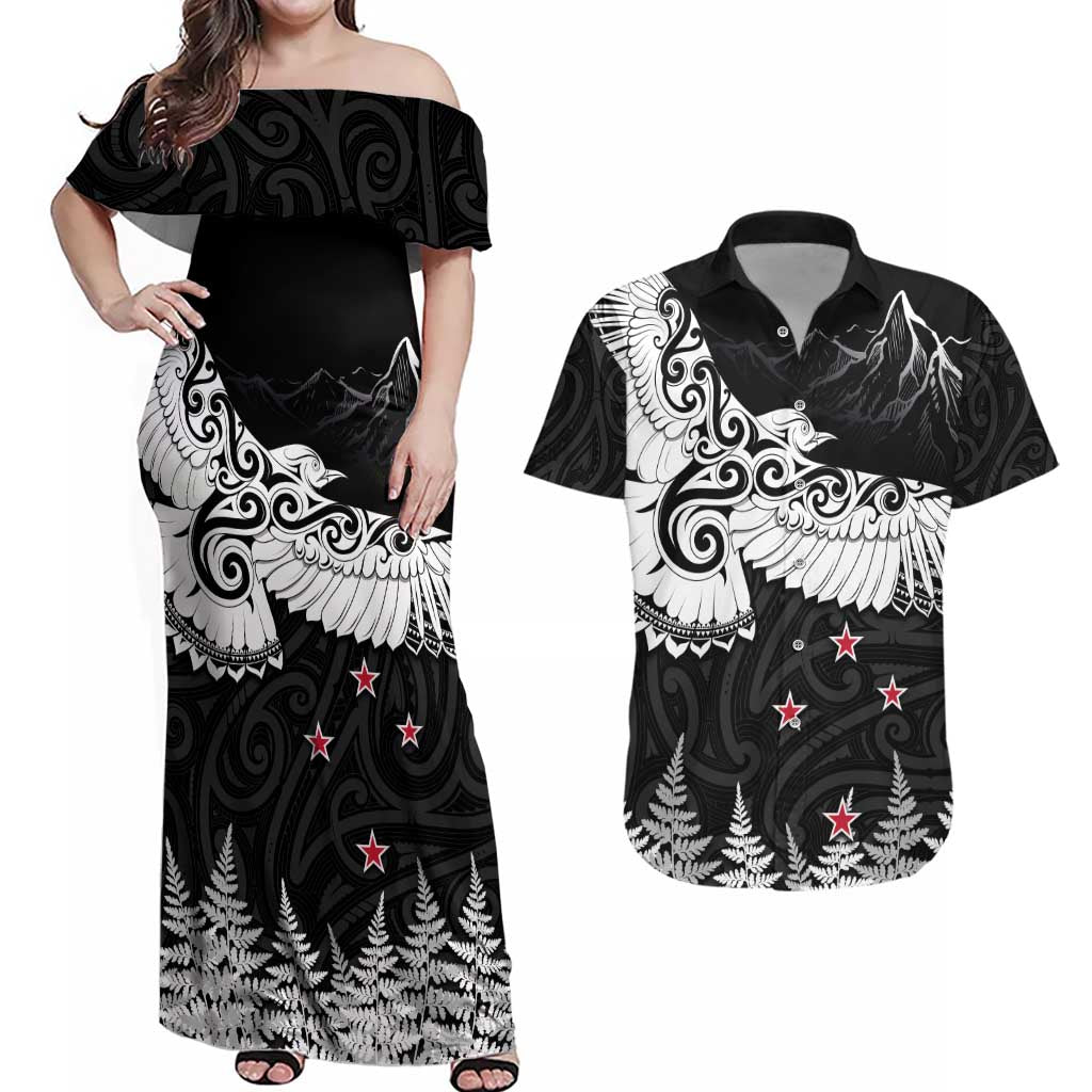 New Zealand Kea Bird Couples Matching Off Shoulder Maxi Dress and Hawaiian Shirt Maori Tattoo and Silver Fern Black Color LT03 Black - Polynesian Pride