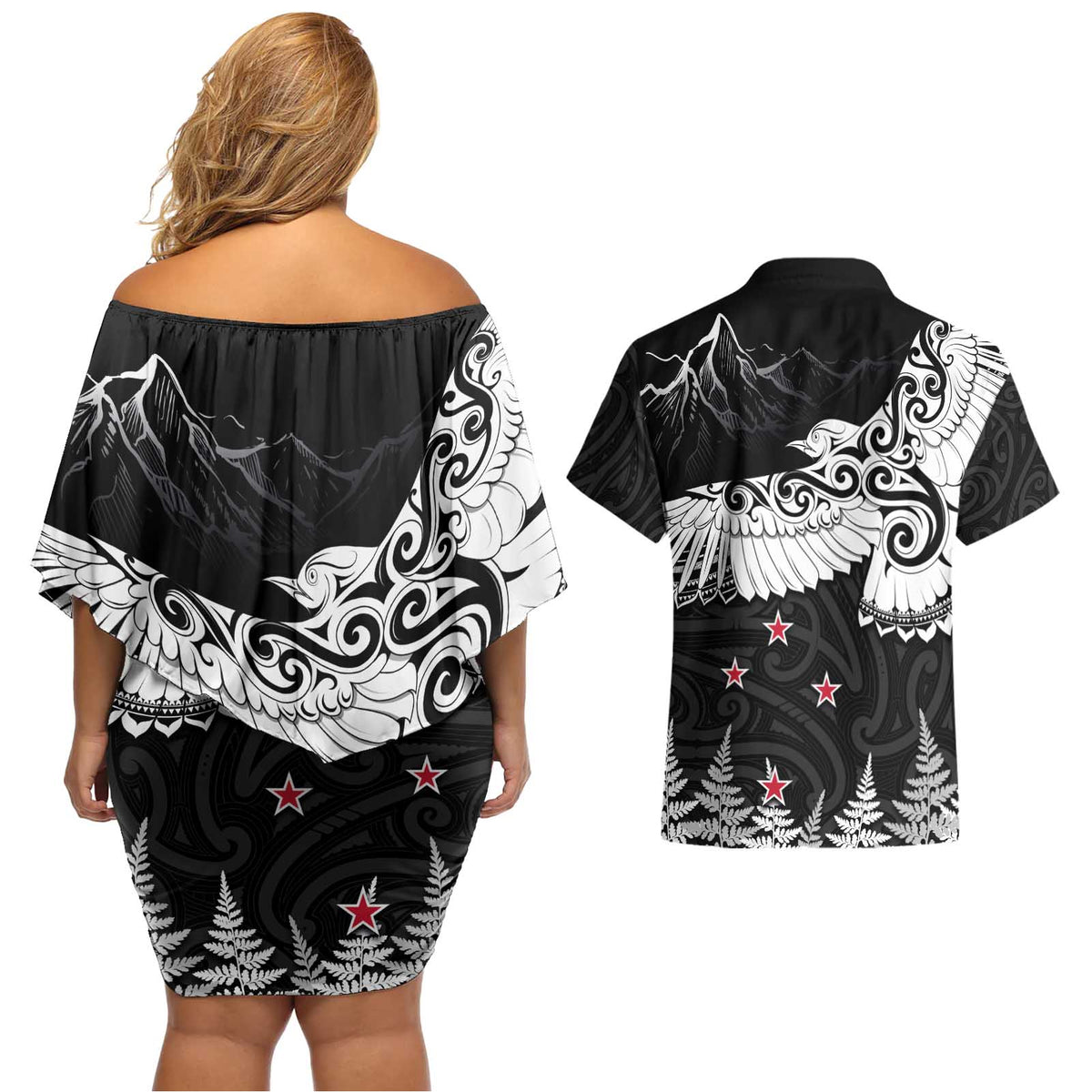 New Zealand Kea Bird Couples Matching Off Shoulder Short Dress and Hawaiian Shirt Maori Tattoo and Silver Fern Black Color LT03 - Polynesian Pride