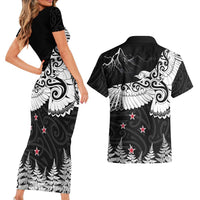 New Zealand Kea Bird Couples Matching Short Sleeve Bodycon Dress and Hawaiian Shirt Maori Tattoo and Silver Fern Black Color LT03 - Polynesian Pride