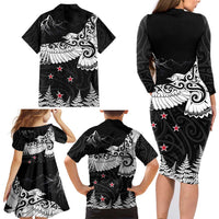 New Zealand Kea Bird Family Matching Long Sleeve Bodycon Dress and Hawaiian Shirt Maori Tattoo and Silver Fern Black Color LT03 - Polynesian Pride