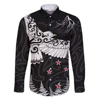 New Zealand Kea Bird Family Matching Long Sleeve Bodycon Dress and Hawaiian Shirt Maori Tattoo and Silver Fern Black Color LT03 Dad's Shirt - Long Sleeve Black - Polynesian Pride