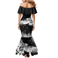 New Zealand Kea Bird Family Matching Mermaid Dress and Hawaiian Shirt Maori Tattoo and Silver Fern Black Color LT03 - Polynesian Pride