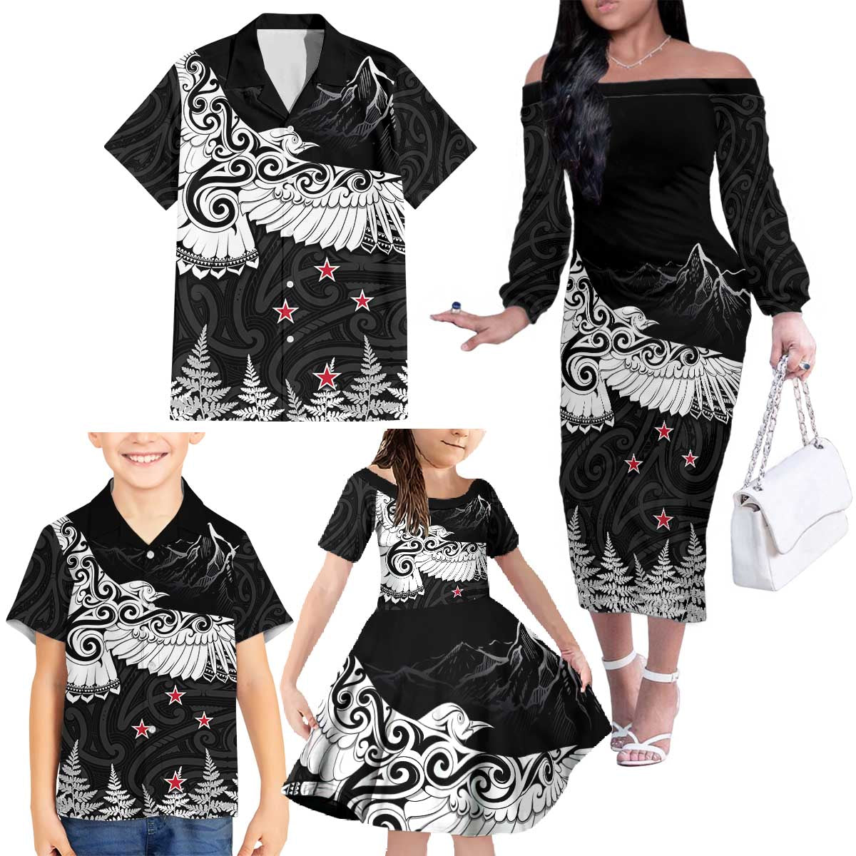 New Zealand Kea Bird Family Matching Off The Shoulder Long Sleeve Dress and Hawaiian Shirt Maori Tattoo and Silver Fern Black Color LT03 - Polynesian Pride