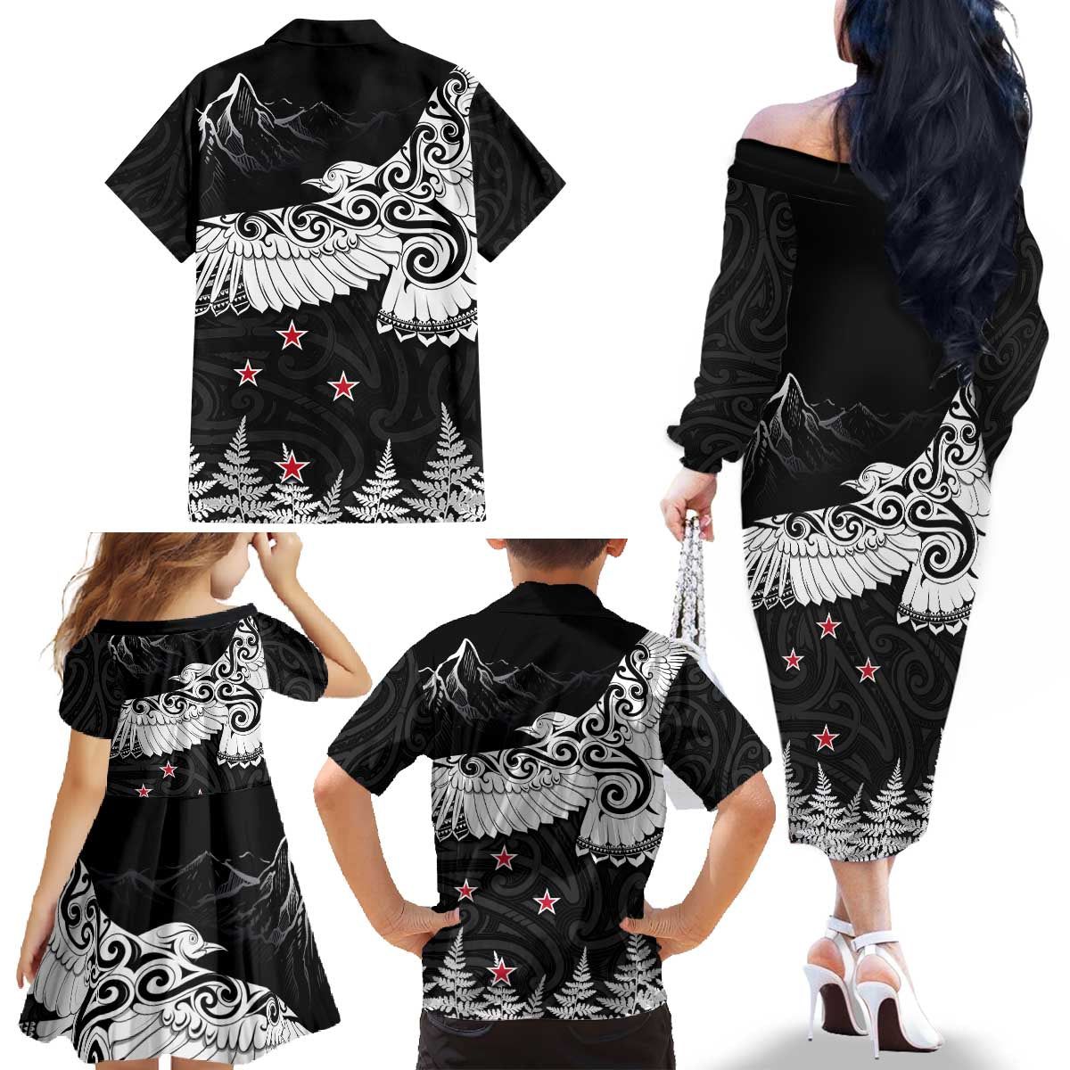 New Zealand Kea Bird Family Matching Off The Shoulder Long Sleeve Dress and Hawaiian Shirt Maori Tattoo and Silver Fern Black Color LT03 - Polynesian Pride