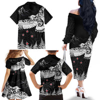 New Zealand Kea Bird Family Matching Off The Shoulder Long Sleeve Dress and Hawaiian Shirt Maori Tattoo and Silver Fern Black Color LT03 - Polynesian Pride