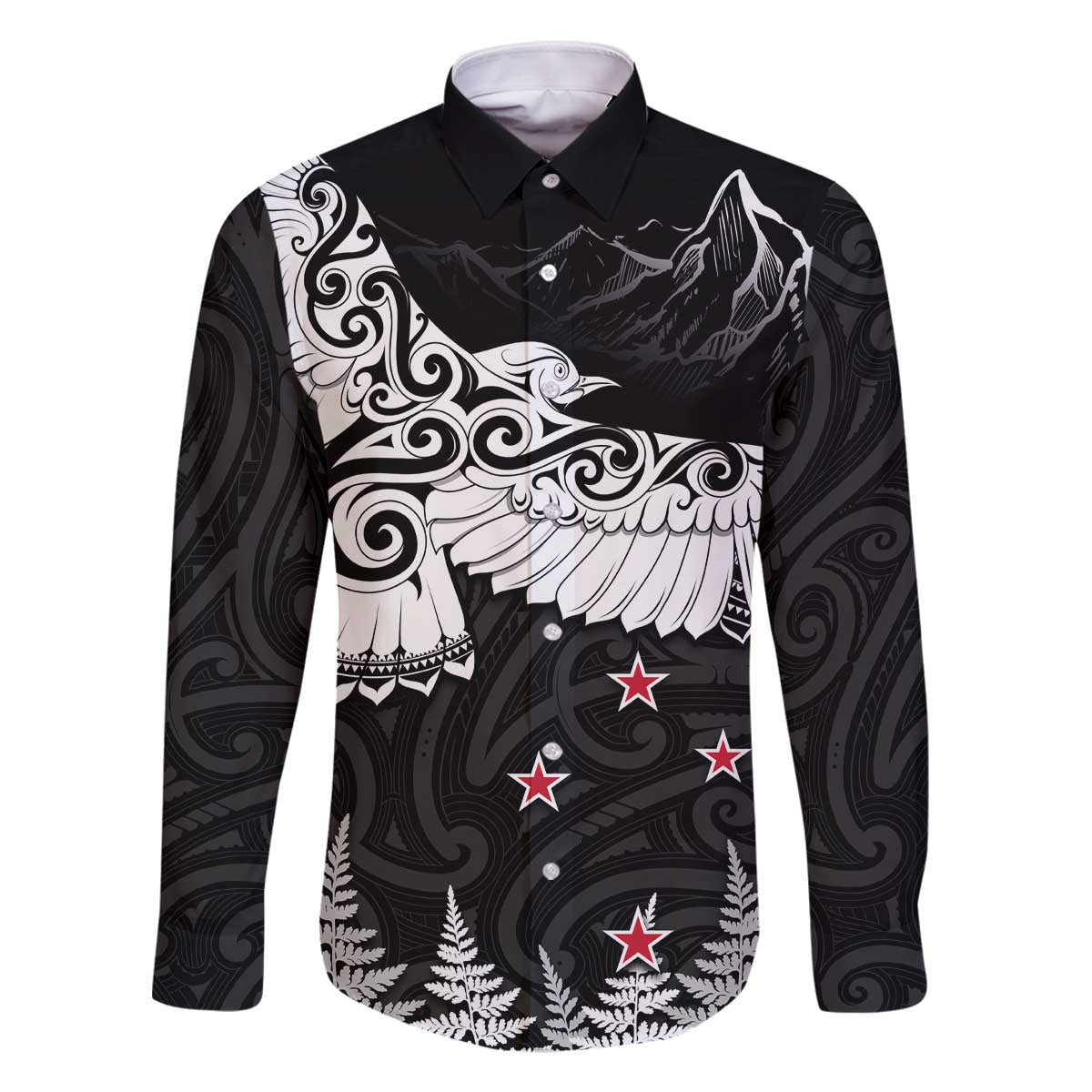 New Zealand Kea Bird Family Matching Off The Shoulder Long Sleeve Dress and Hawaiian Shirt Maori Tattoo and Silver Fern Black Color LT03 Dad's Shirt - Long Sleeve Black - Polynesian Pride