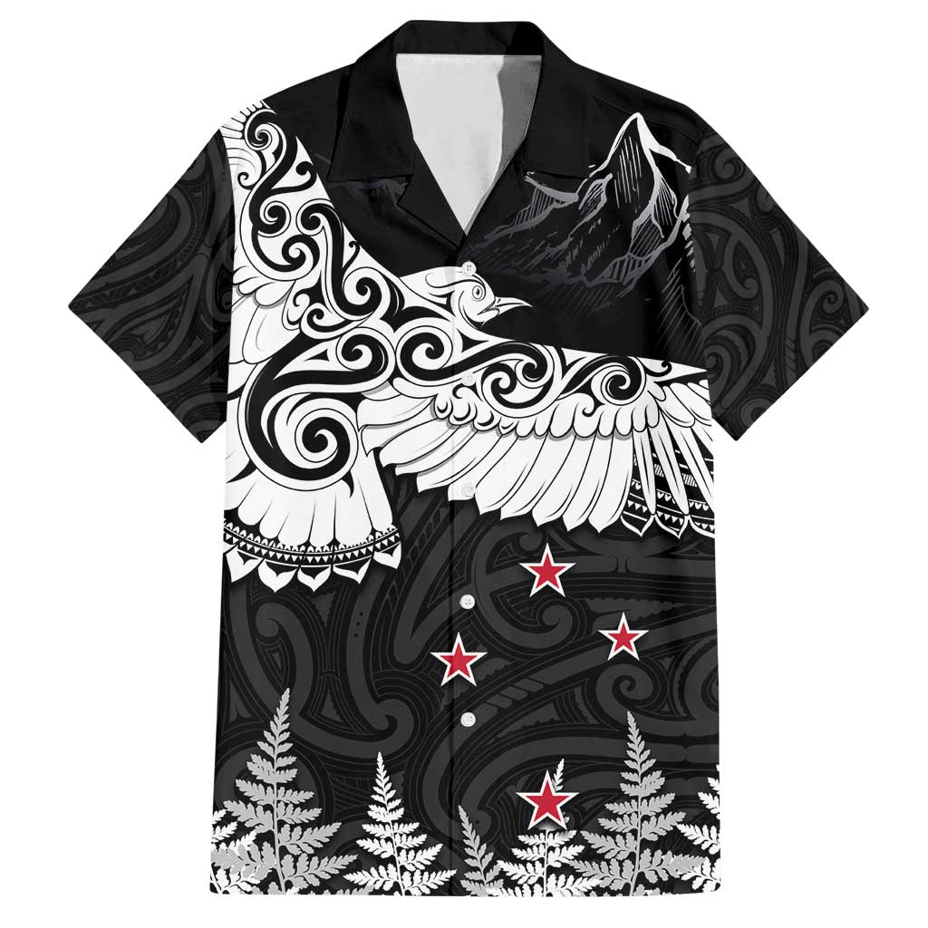 New Zealand Kea Bird Family Matching Off Shoulder Maxi Dress and Hawaiian Shirt Maori Tattoo and Silver Fern Black Color LT03 Dad's Shirt - Short Sleeve Black - Polynesian Pride