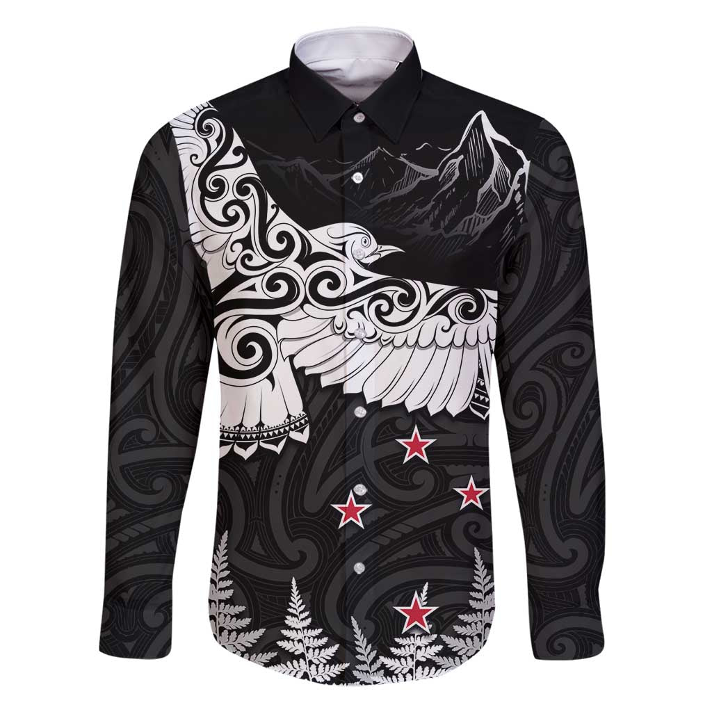 New Zealand Kea Bird Family Matching Off Shoulder Maxi Dress and Hawaiian Shirt Maori Tattoo and Silver Fern Black Color LT03 Dad's Shirt - Long Sleeve Black - Polynesian Pride
