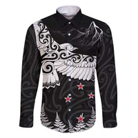 New Zealand Kea Bird Family Matching Off Shoulder Short Dress and Hawaiian Shirt Maori Tattoo and Silver Fern Black Color LT03 Dad's Shirt - Long Sleeve Black - Polynesian Pride