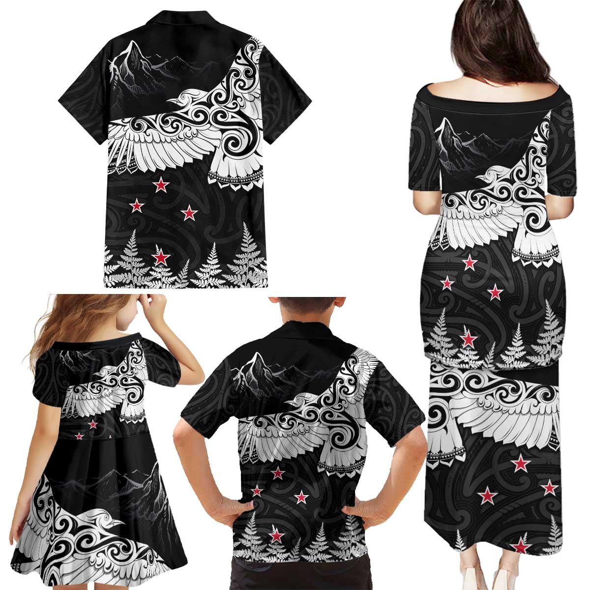 New Zealand Kea Bird Family Matching Puletasi and Hawaiian Shirt Maori Tattoo and Silver Fern Black Color LT03 - Polynesian Pride