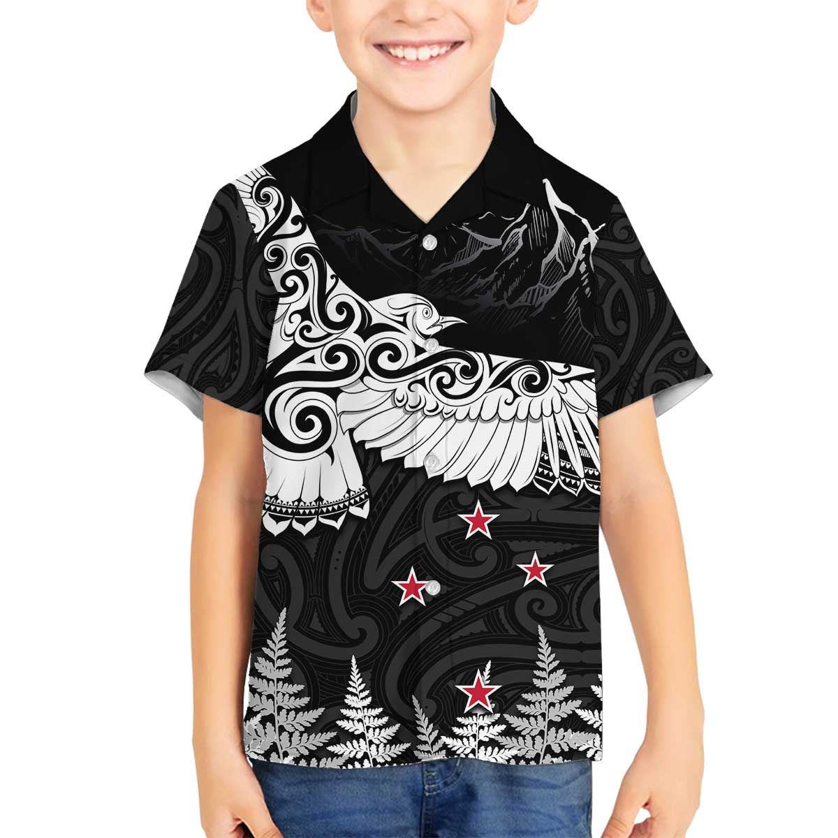 New Zealand Kea Bird Family Matching Puletasi and Hawaiian Shirt Maori Tattoo and Silver Fern Black Color LT03 Son's Shirt Black - Polynesian Pride