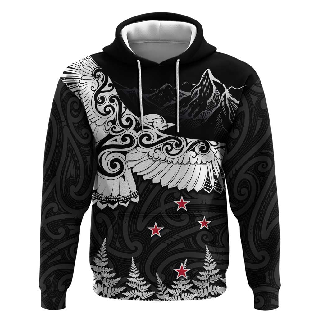 New Zealand Kea Bird Hoodie Maori Tattoo and Silver Fern Black Color LT03 Pullover Hoodie Black - Polynesian Pride