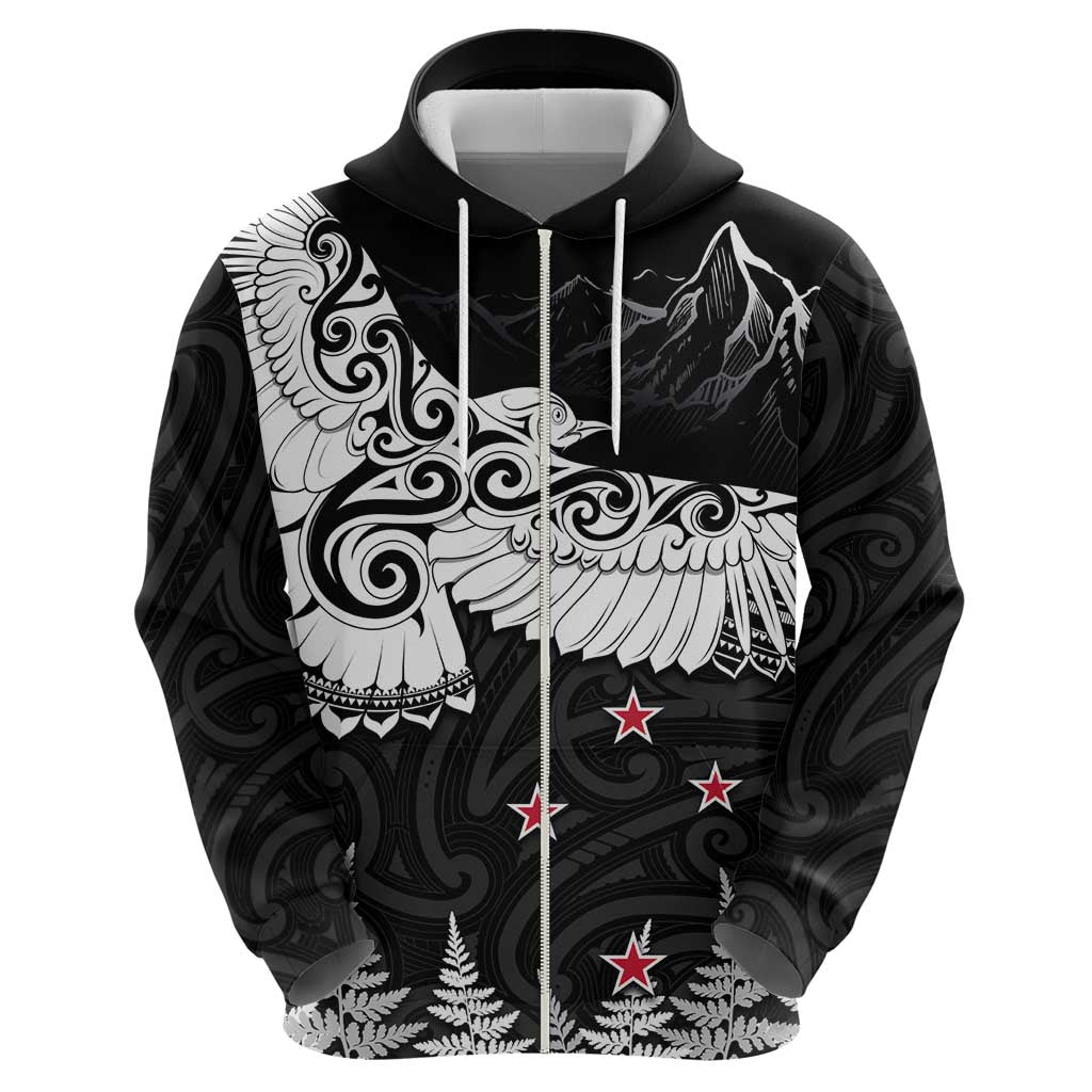New Zealand Kea Bird Hoodie Maori Tattoo and Silver Fern Black Color LT03 - Polynesian Pride