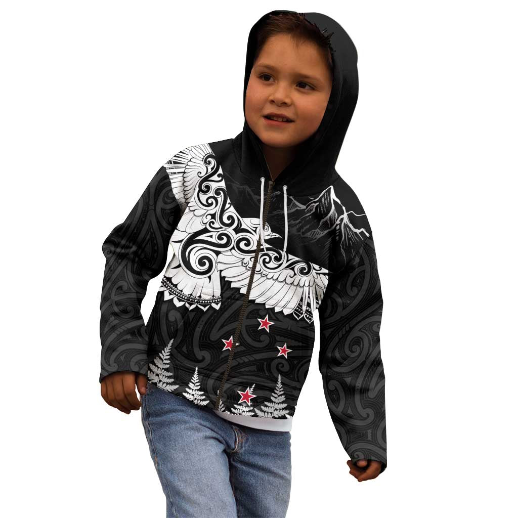 New Zealand Kea Bird Kid Hoodie Maori Tattoo and Silver Fern Black Color LT03 - Polynesian Pride