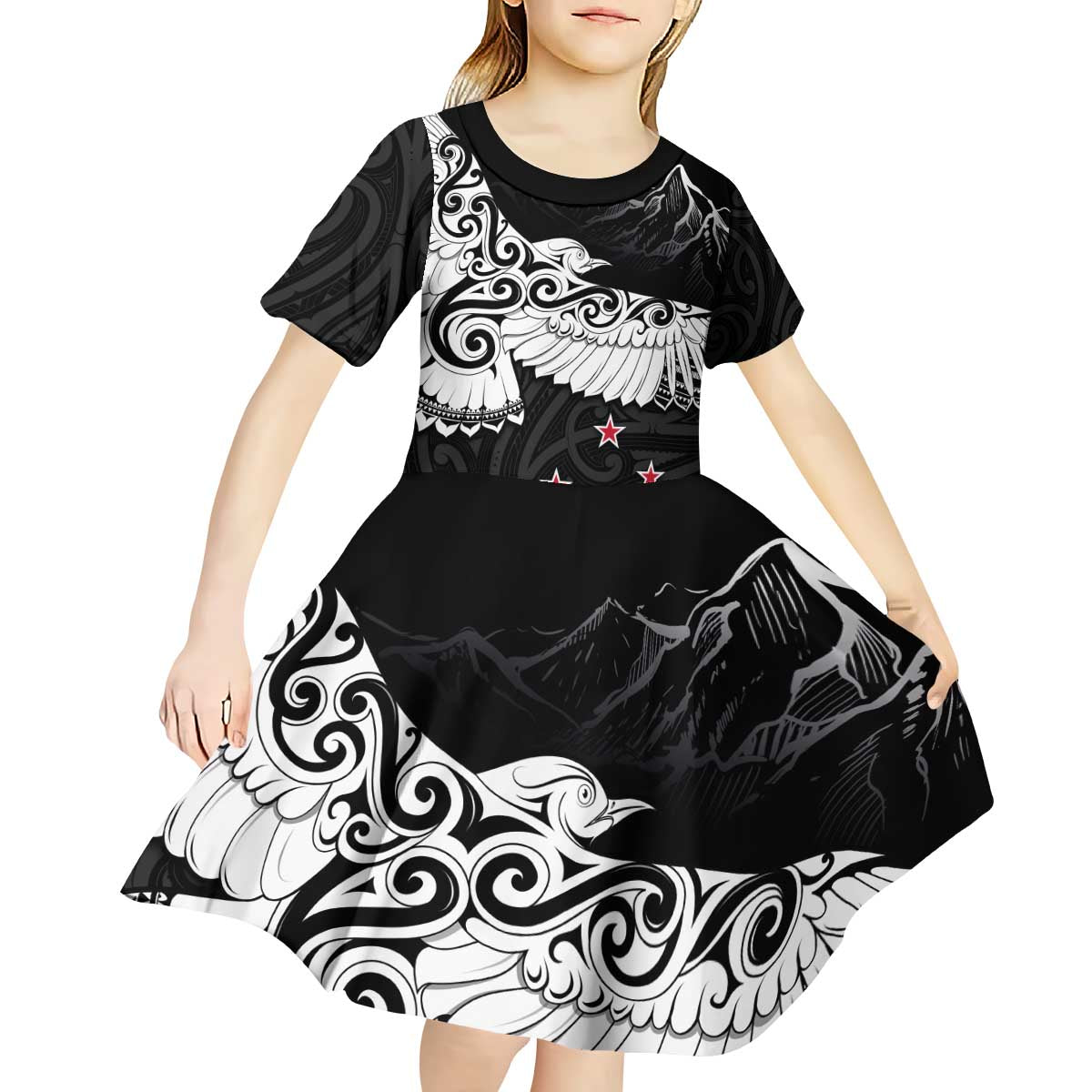 New Zealand Kea Bird Kid Short Sleeve Dress Maori Tattoo and Silver Fern Black Color LT03 - Polynesian Pride