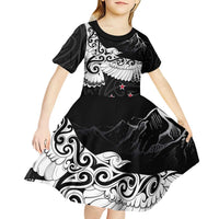 New Zealand Kea Bird Kid Short Sleeve Dress Maori Tattoo and Silver Fern Black Color LT03 - Polynesian Pride