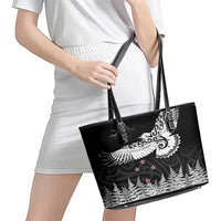 New Zealand Kea Bird Leather Tote Bag Maori Tattoo and Silver Fern Black Color
