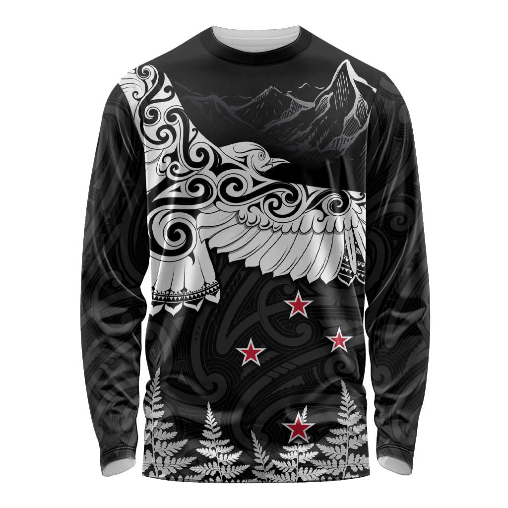 New Zealand Kea Bird Long Sleeve Shirt Maori Tattoo and Silver Fern Black Color LT03 Unisex Black - Polynesian Pride
