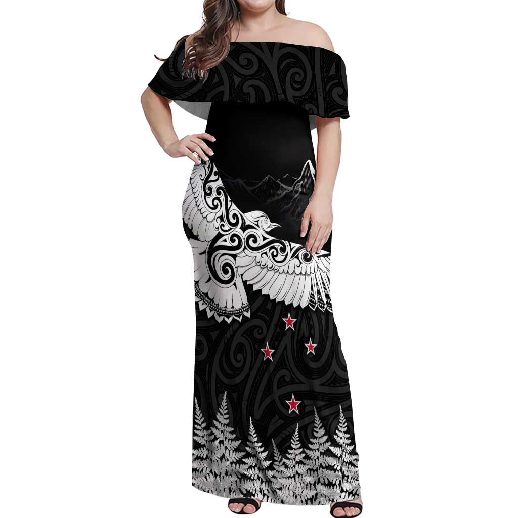 New Zealand Kea Bird Off Shoulder Maxi Dress Maori Tattoo and Silver Fern Black Color LT03 Women Black - Polynesian Pride