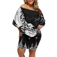 New Zealand Kea Bird Off Shoulder Short Dress Maori Tattoo and Silver Fern Black Color LT03 Women Black - Polynesian Pride