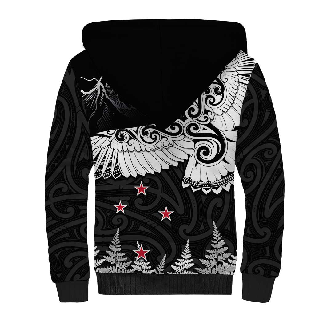 New Zealand Kea Bird Sherpa Hoodie Maori Tattoo and Silver Fern Black Color LT03 - Polynesian Pride