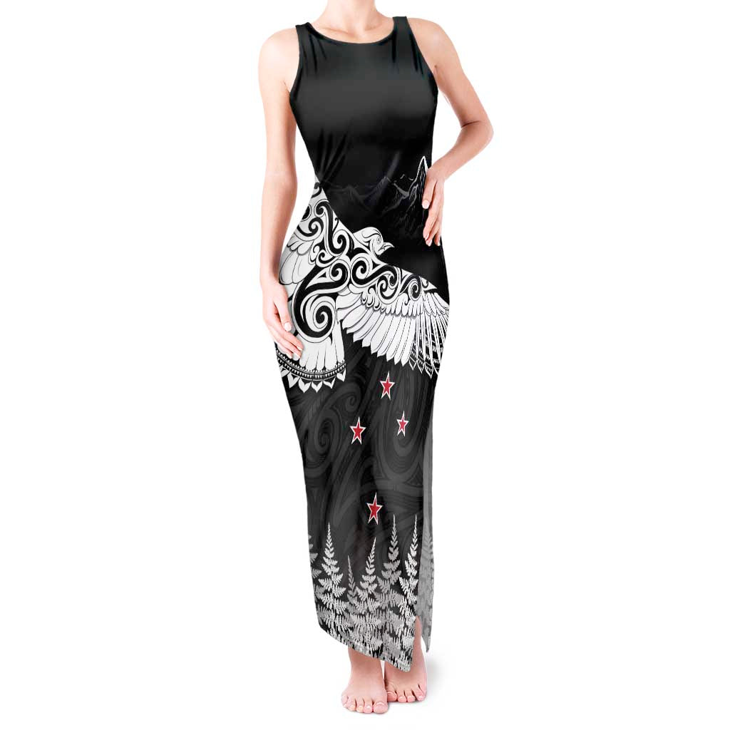 New Zealand Kea Bird Tank Maxi Dress Maori Tattoo and Silver Fern Black Color LT03 Women Black - Polynesian Pride