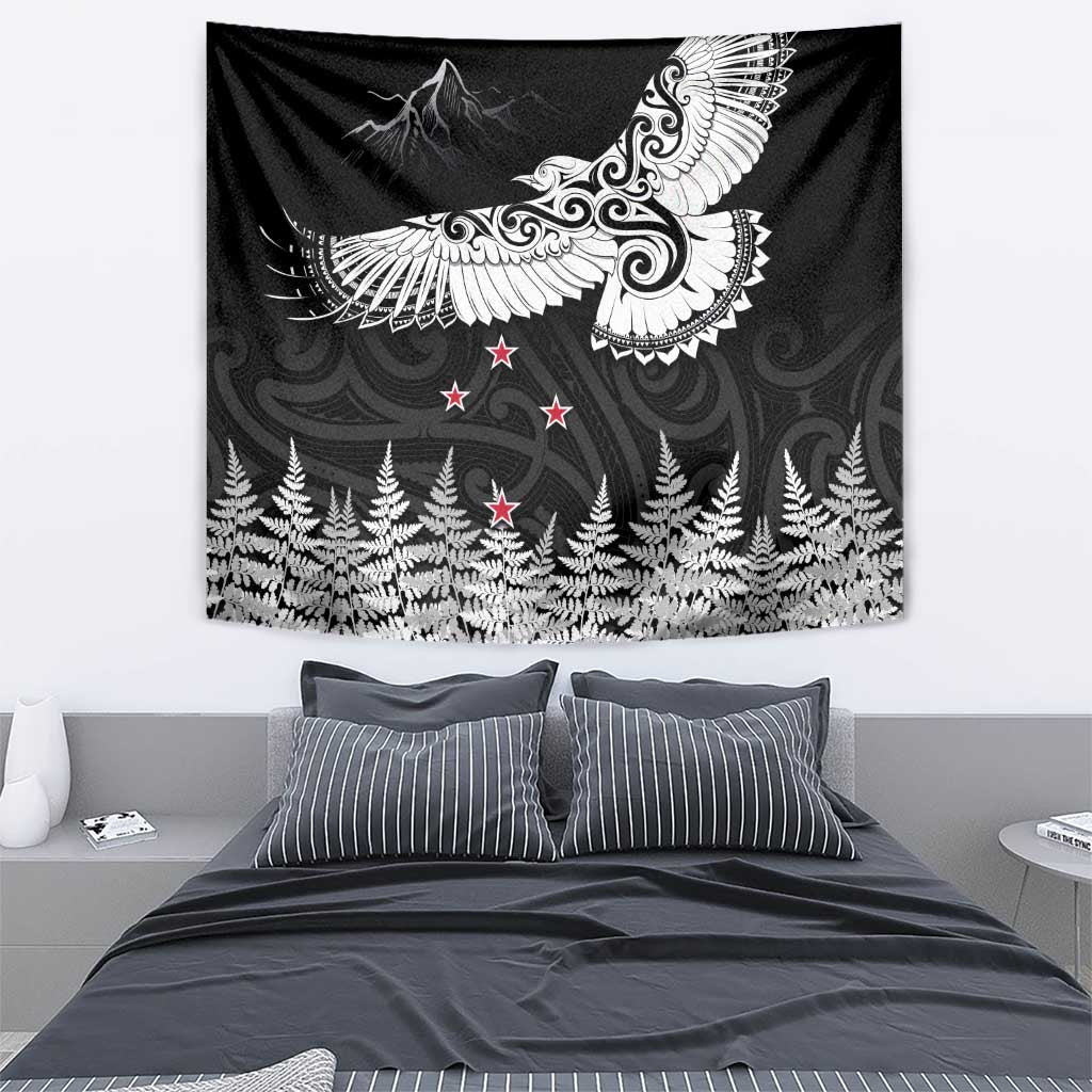 New Zealand Kea Bird Tapestry Maori Tattoo and Silver Fern Black Color
