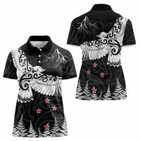 New Zealand Kea Bird Women Polo Shirt Maori Tattoo and Silver Fern Black Color