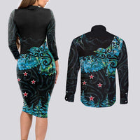 New Zealand Kea Bird Couples Matching Long Sleeve Bodycon Dress and Long Sleeve Button Shirt Maori Tattoo and Silver Fern Paua Shell Style