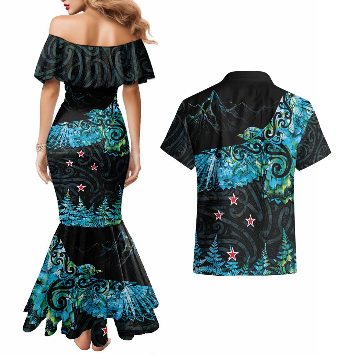 New Zealand Kea Bird Couples Matching Mermaid Dress and Hawaiian Shirt Maori Tattoo and Silver Fern Paua Shell Style LT03 - Polynesian Pride