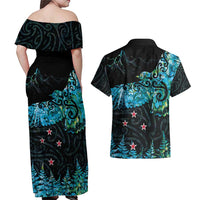 New Zealand Kea Bird Couples Matching Off Shoulder Maxi Dress and Hawaiian Shirt Maori Tattoo and Silver Fern Paua Shell Style LT03 - Polynesian Pride
