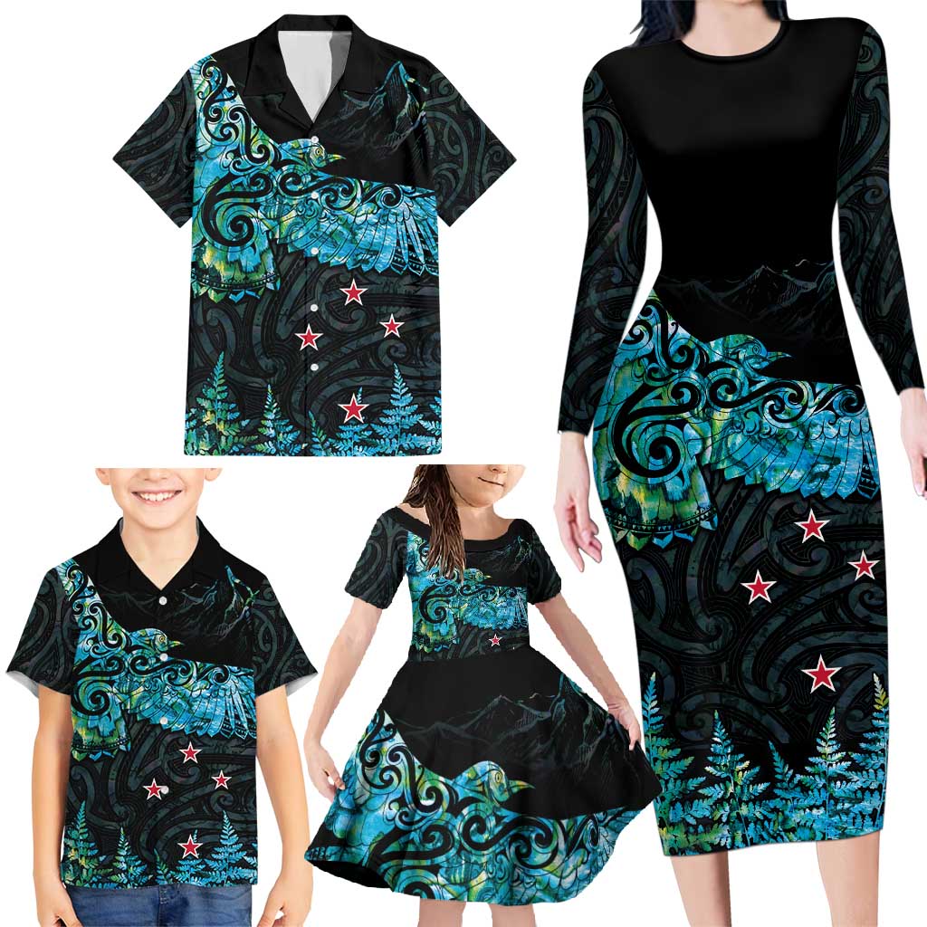 New Zealand Kea Bird Family Matching Long Sleeve Bodycon Dress and Hawaiian Shirt Maori Tattoo and Silver Fern Paua Shell Style LT03 - Polynesian Pride