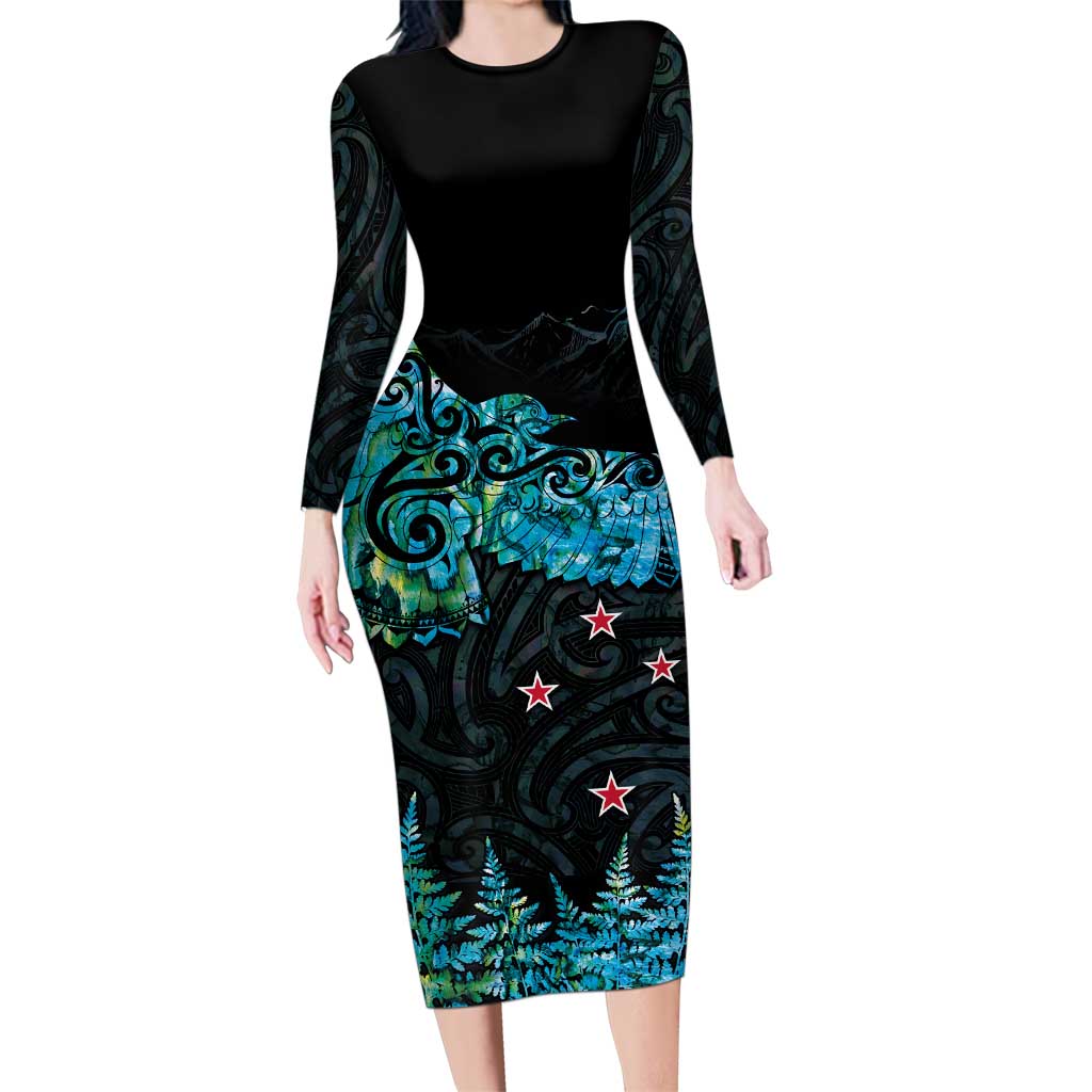 New Zealand Kea Bird Family Matching Long Sleeve Bodycon Dress and Hawaiian Shirt Maori Tattoo and Silver Fern Paua Shell Style LT03 Mom's Dress Black - Polynesian Pride