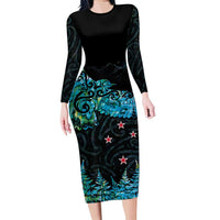New Zealand Kea Bird Family Matching Long Sleeve Bodycon Dress and Hawaiian Shirt Maori Tattoo and Silver Fern Paua Shell Style LT03 Mom's Dress Black - Polynesian Pride