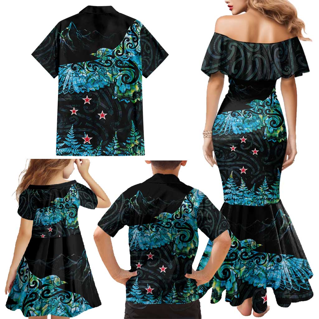 New Zealand Kea Bird Family Matching Mermaid Dress and Hawaiian Shirt Maori Tattoo and Silver Fern Paua Shell Style LT03 - Polynesian Pride