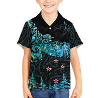 New Zealand Kea Bird Family Matching Off Shoulder Maxi Dress and Hawaiian Shirt Maori Tattoo and Silver Fern Paua Shell Style LT03 Son's Shirt Black - Polynesian Pride