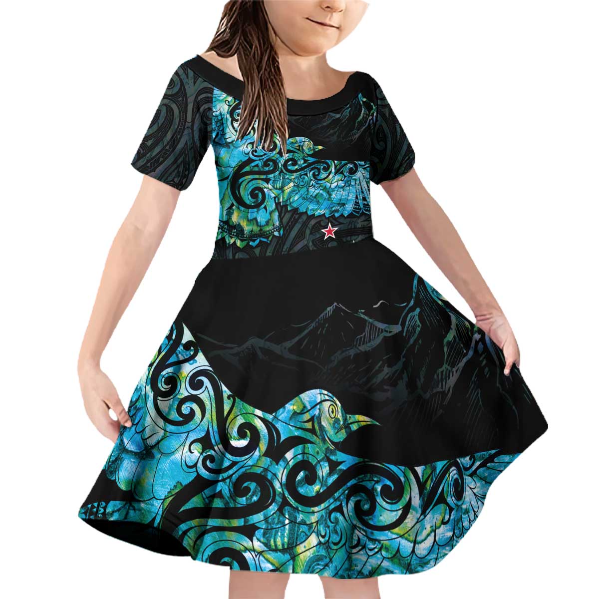 New Zealand Kea Bird Family Matching Off Shoulder Short Dress and Hawaiian Shirt Maori Tattoo and Silver Fern Paua Shell Style LT03 Daughter's Dress Black - Polynesian Pride
