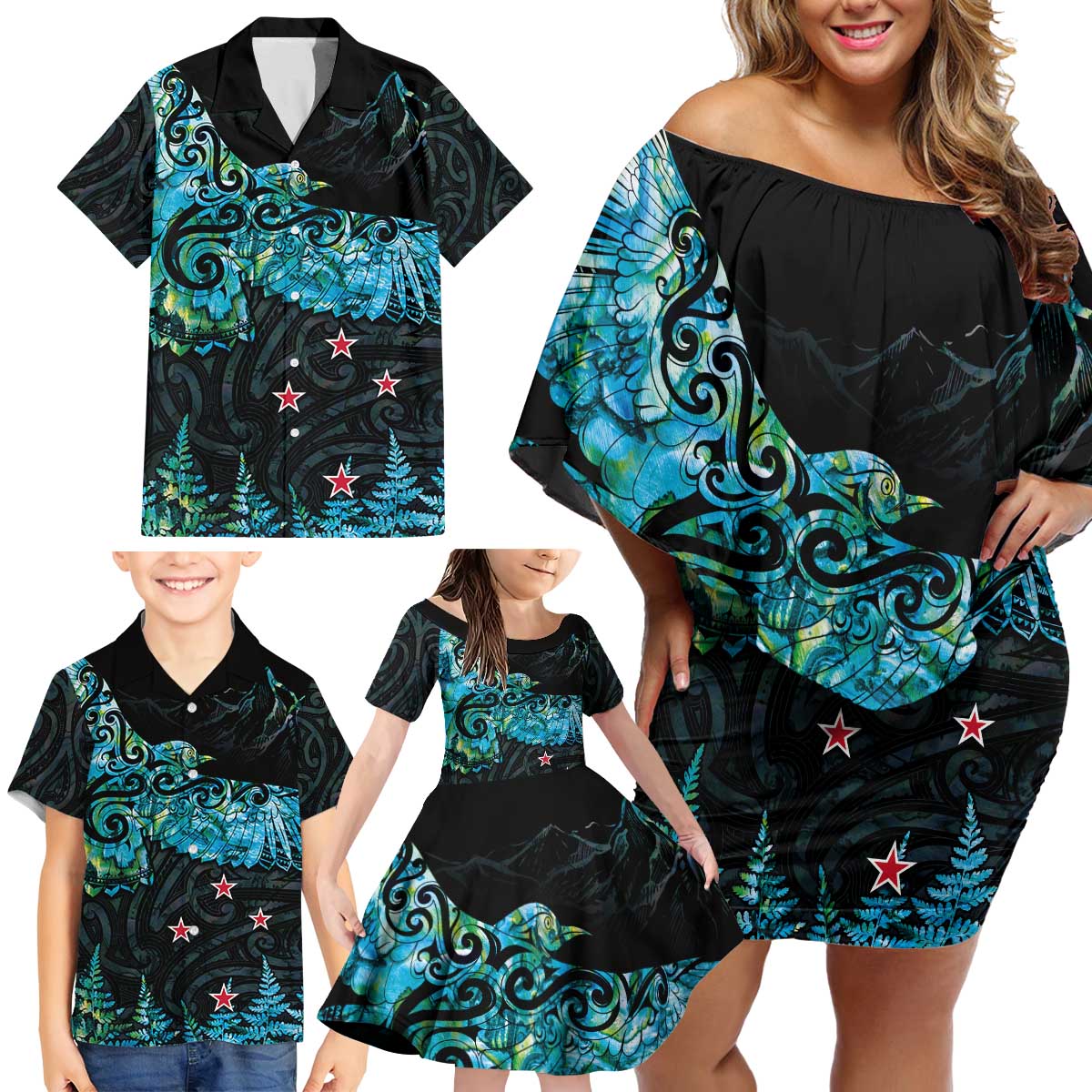 New Zealand Kea Bird Family Matching Off Shoulder Short Dress and Hawaiian Shirt Maori Tattoo and Silver Fern Paua Shell Style LT03 - Polynesian Pride