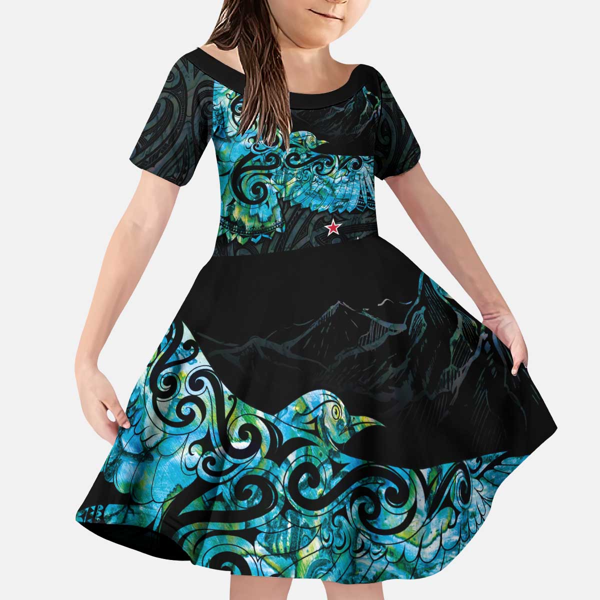 New Zealand Kea Bird Family Matching Puletasi and Hawaiian Shirt Maori Tattoo and Silver Fern Paua Shell Style LT03 Daughter's Dress Black - Polynesian Pride