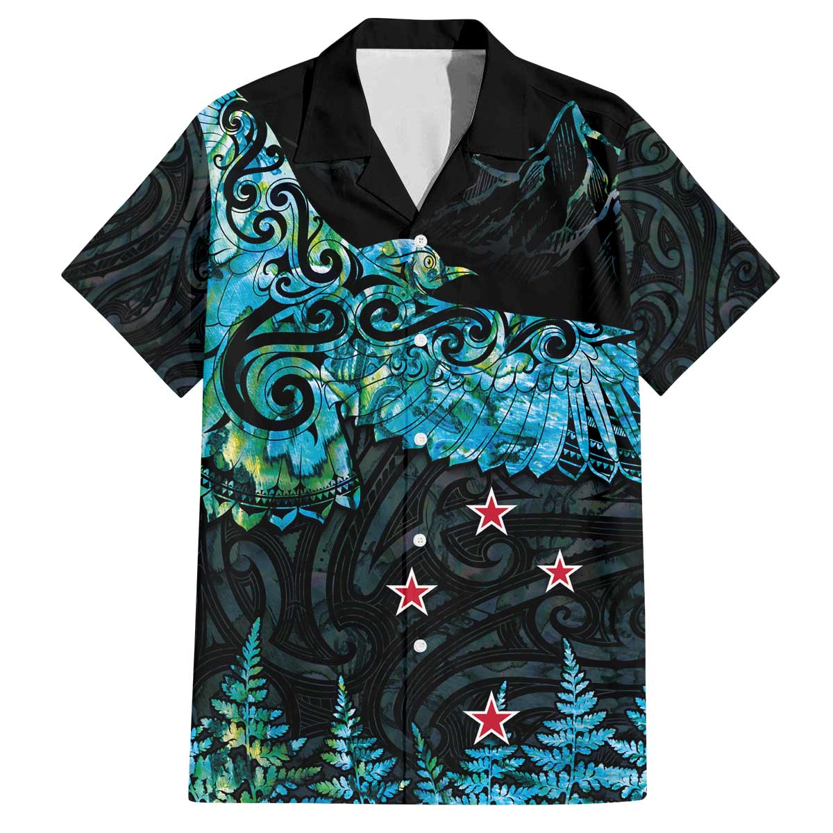 New Zealand Kea Bird Family Matching Puletasi and Hawaiian Shirt Maori Tattoo and Silver Fern Paua Shell Style LT03 Dad's Shirt - Short Sleeve Black - Polynesian Pride