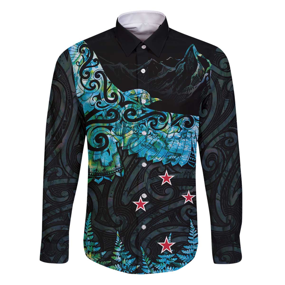 New Zealand Kea Bird Family Matching Puletasi and Hawaiian Shirt Maori Tattoo and Silver Fern Paua Shell Style LT03 Dad's Shirt - Long Sleeve Black - Polynesian Pride
