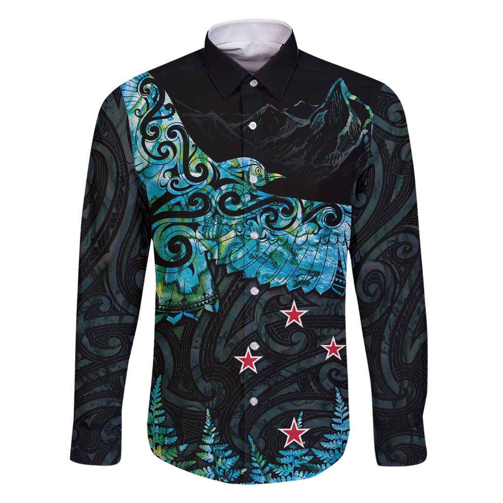 New Zealand Kea Bird Family Matching Short Sleeve Bodycon Dress and Hawaiian Shirt Maori Tattoo and Silver Fern Paua Shell Style LT03 Dad's Shirt - Long Sleeve Black - Polynesian Pride