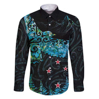 New Zealand Kea Bird Family Matching Short Sleeve Bodycon Dress and Hawaiian Shirt Maori Tattoo and Silver Fern Paua Shell Style LT03 Dad's Shirt - Long Sleeve Black - Polynesian Pride