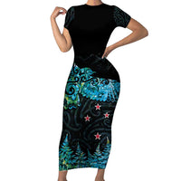 New Zealand Kea Bird Family Matching Short Sleeve Bodycon Dress and Hawaiian Shirt Maori Tattoo and Silver Fern Paua Shell Style LT03 Mom's Dress Black - Polynesian Pride